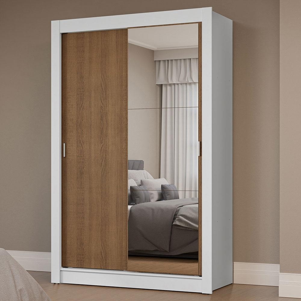Guarda-Roupa Solteiro 2 Portas de Correr com Espelho Branco/Rustic Milano Madesa