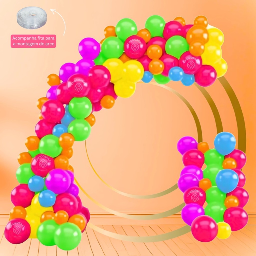 Kit 75 Balões NEON MISTO 9”+ MISTO 5”+ FITA PARA ARCO DESCONSTRUÍDO Balão Bexiga Liso/Cromado Para Festas KIT58+
