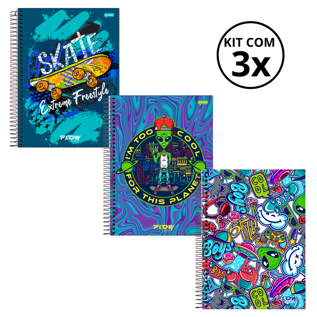 Kit 03 Cadernos Universitário 20 Matérias 320 Folhas Flow - Jandaia CAPA:Skate/Alien/Boys