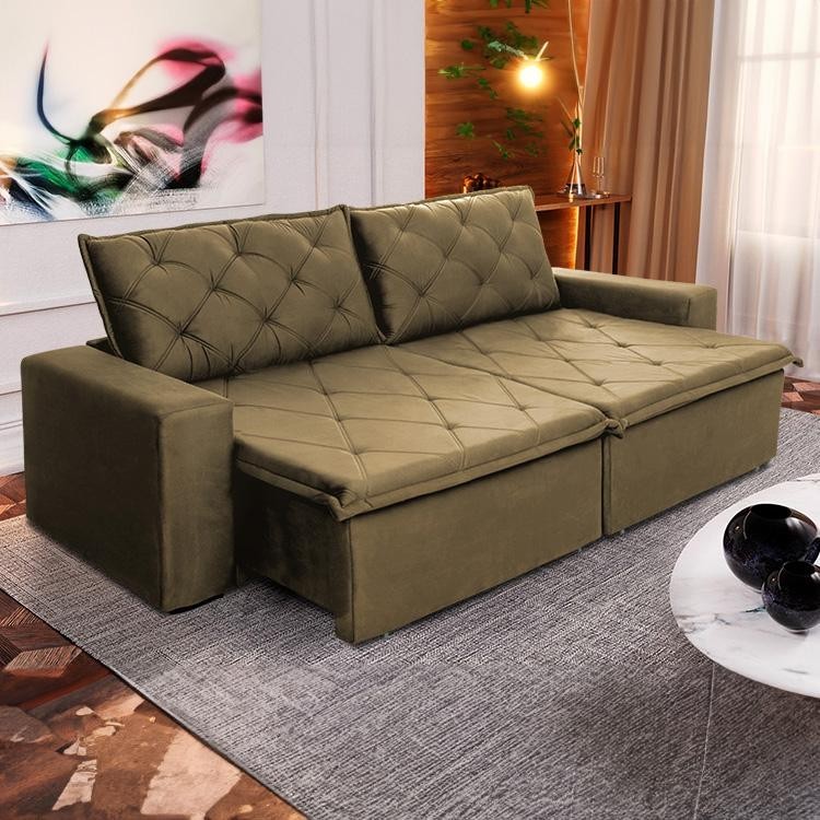 Sofá Cama Bangkok Sem Caixa 3,00m Retrátil e Reclinável Com Molas Velut Bege- King House