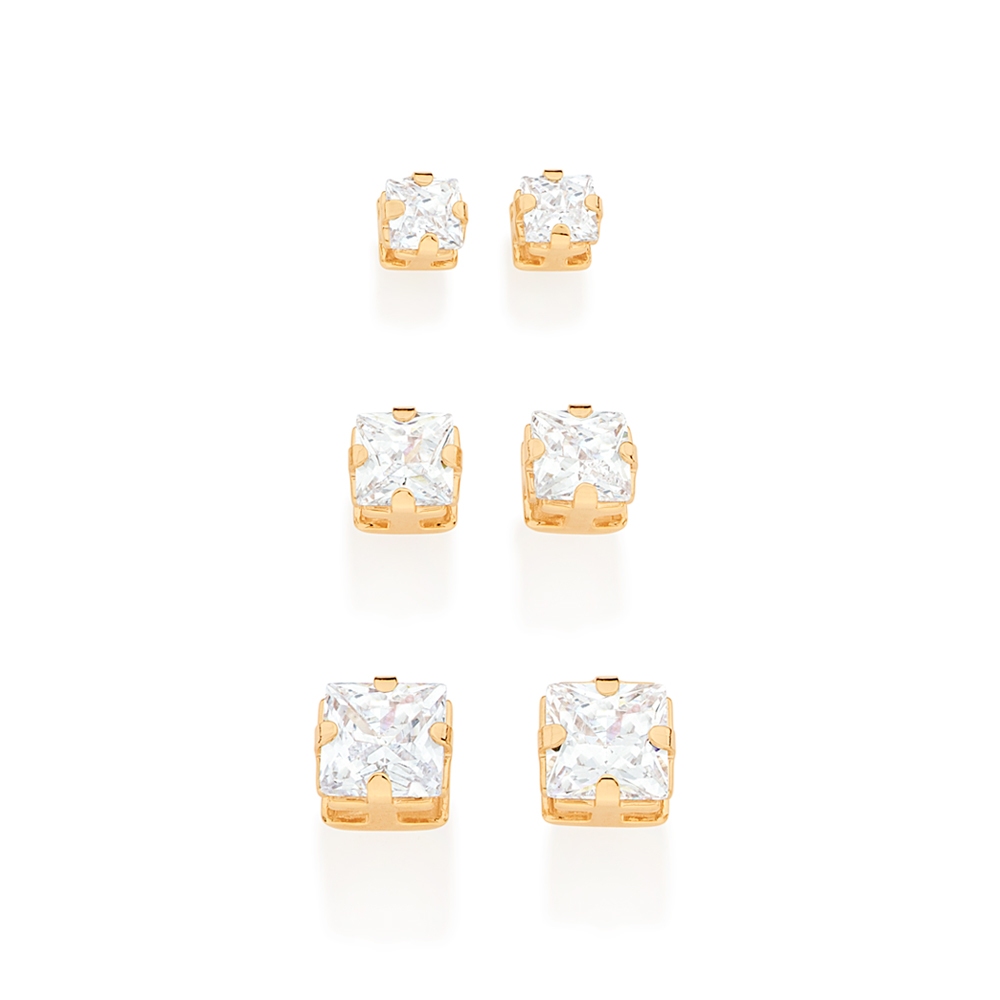 Kit Brincos Rommanel Solitários Banhados A Ouro 18k 3 Pares Com Zircônia 527039