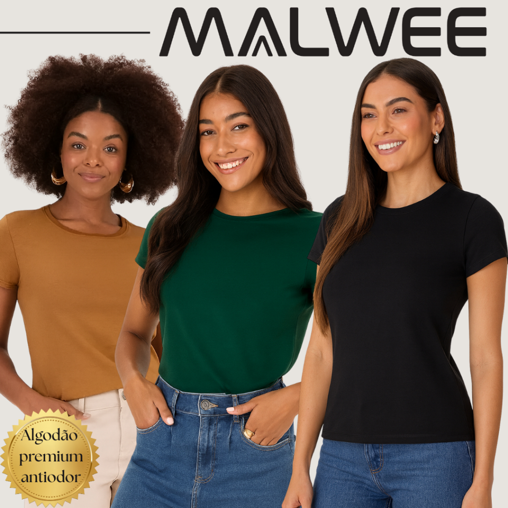 Kit 3 baby look Feminina Malwee 100% algodão Original Malwee Blusinha Baby look Malwee