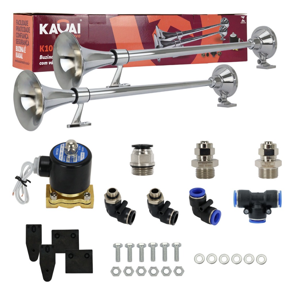 Kit Buzina Maritima 12V 24V 74cm Válvulas Conexões Para Caminhão Lancha Barco Jeep Completo Cromada