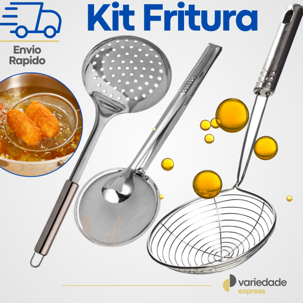 Kit 3 Escumadeira + Escumadeira Fritura + Escumadeira Fritura com Pinça Inox para Casas Restaurantes Bares Padaria