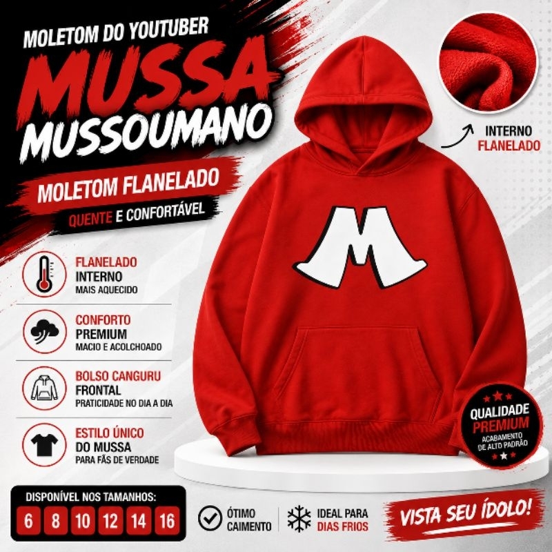 MOLETOM VERMELHO Mussoumano M Blusa Frio Youtuber Mussa Blusa de moletom do Mussoumano Mussa moletom com a Letra M