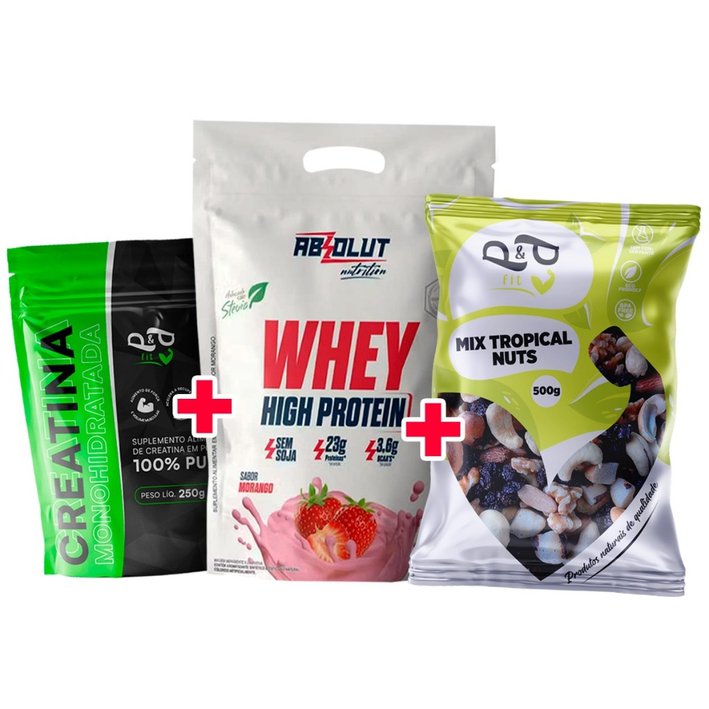 Creatina 100% Pura 250g + Mix Tropical Nuts Castanha de Caju Pará P&P 500g + Whey Protein 900g