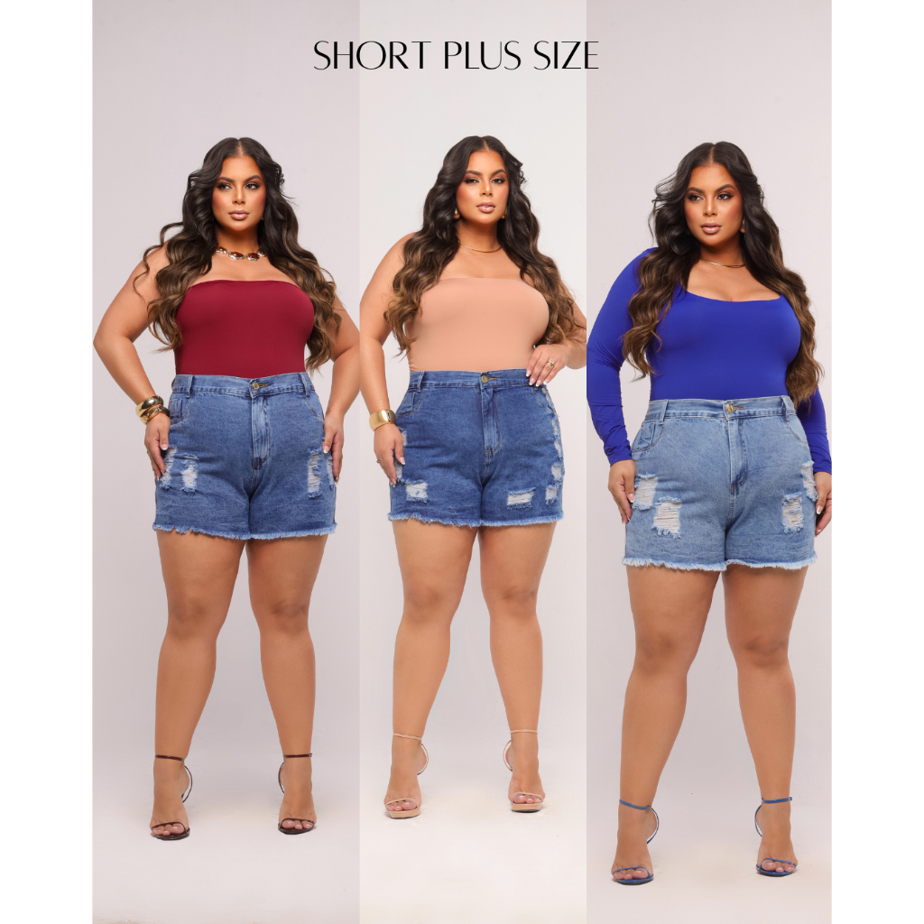 Short Jeans Plus Size Sem Elastano Lavagem Clara, Escura, Média e Preto Marmorizado