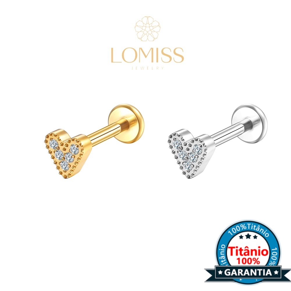 Piercing Labret com Acabamento em Titânio PVD e Forma de Coração com Zircônia《Lomiss semijoias》