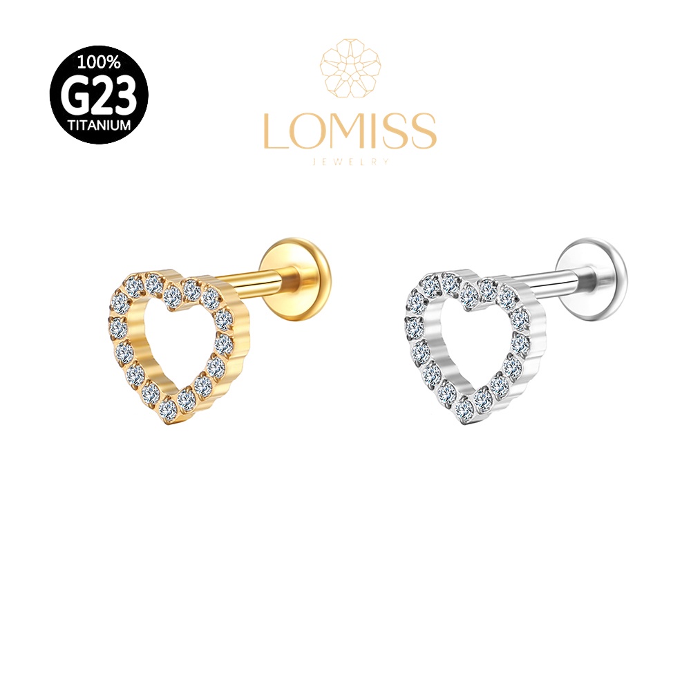 Piercing Labret Titânio PVD com Coração Vazado e Zircônia《Lomiss semijoias》