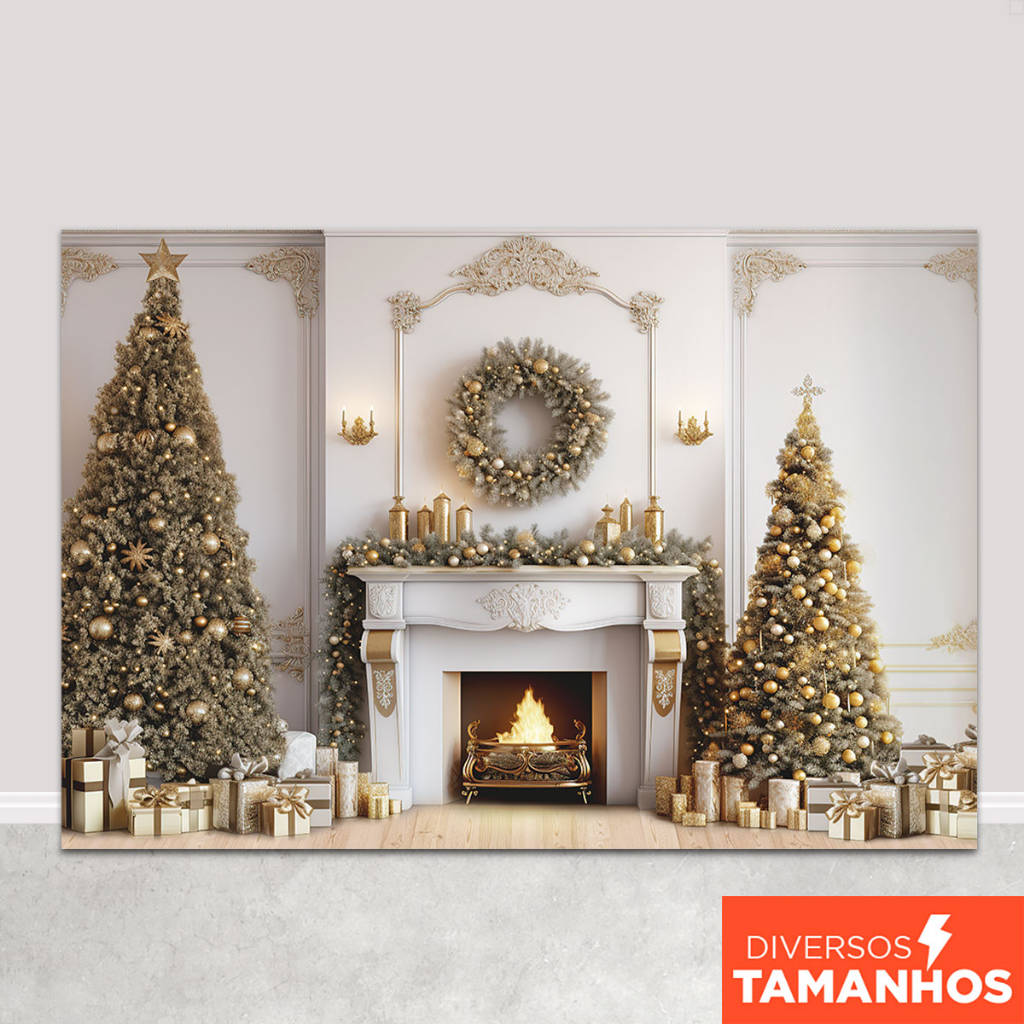 Painel de Natal Decoração Fundo Fotográfico Natalino Cenário Lareira Dourado Fotos Tecido Sublimado