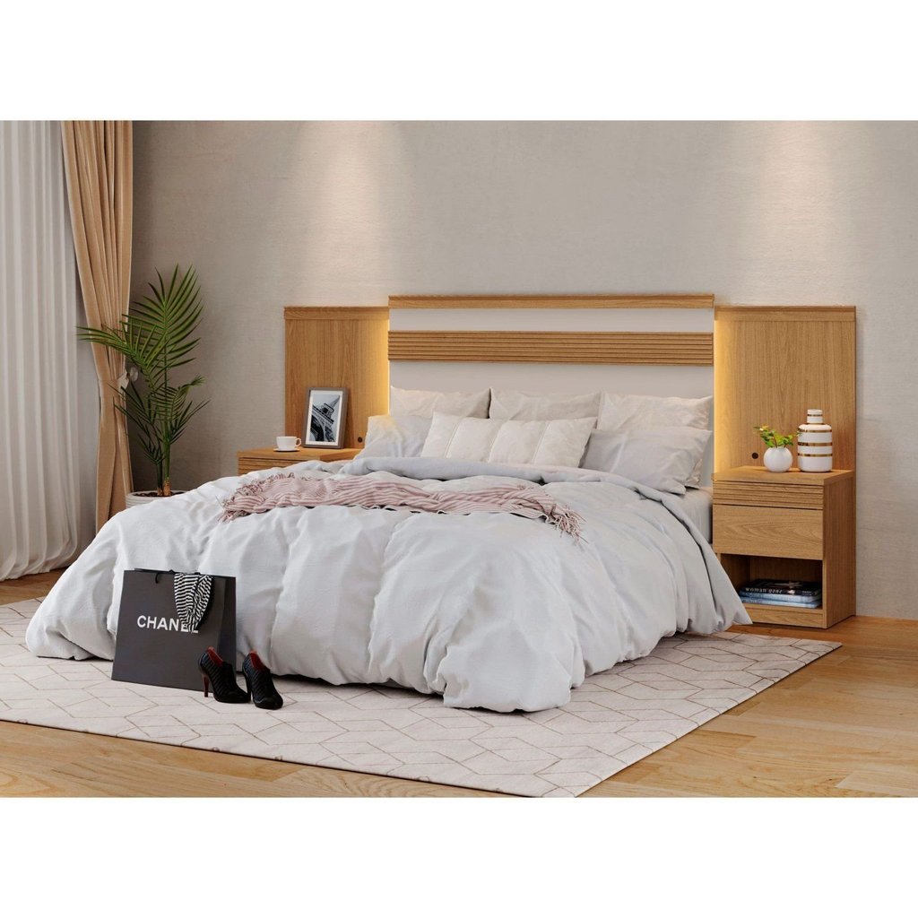 para Cama Extensível Casal/Queen/King com 2 mesa de Cabeceira 100% MDF Granada Marrom Freijó/Off White Freijó/Off