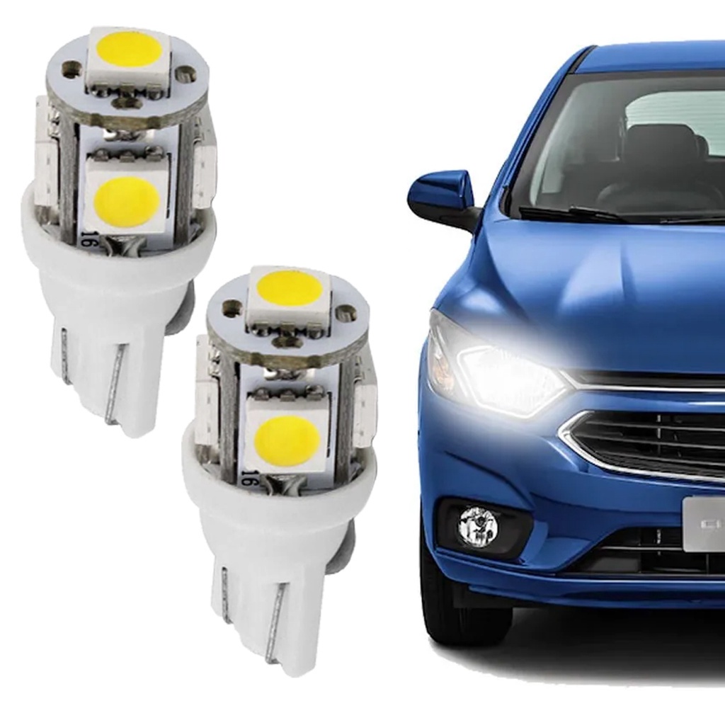 Par De Lâmpadas Led p/ Farol Automotivas T10 Pingo Pingão 12v Volts 5 Leds 5000k Luz Branca