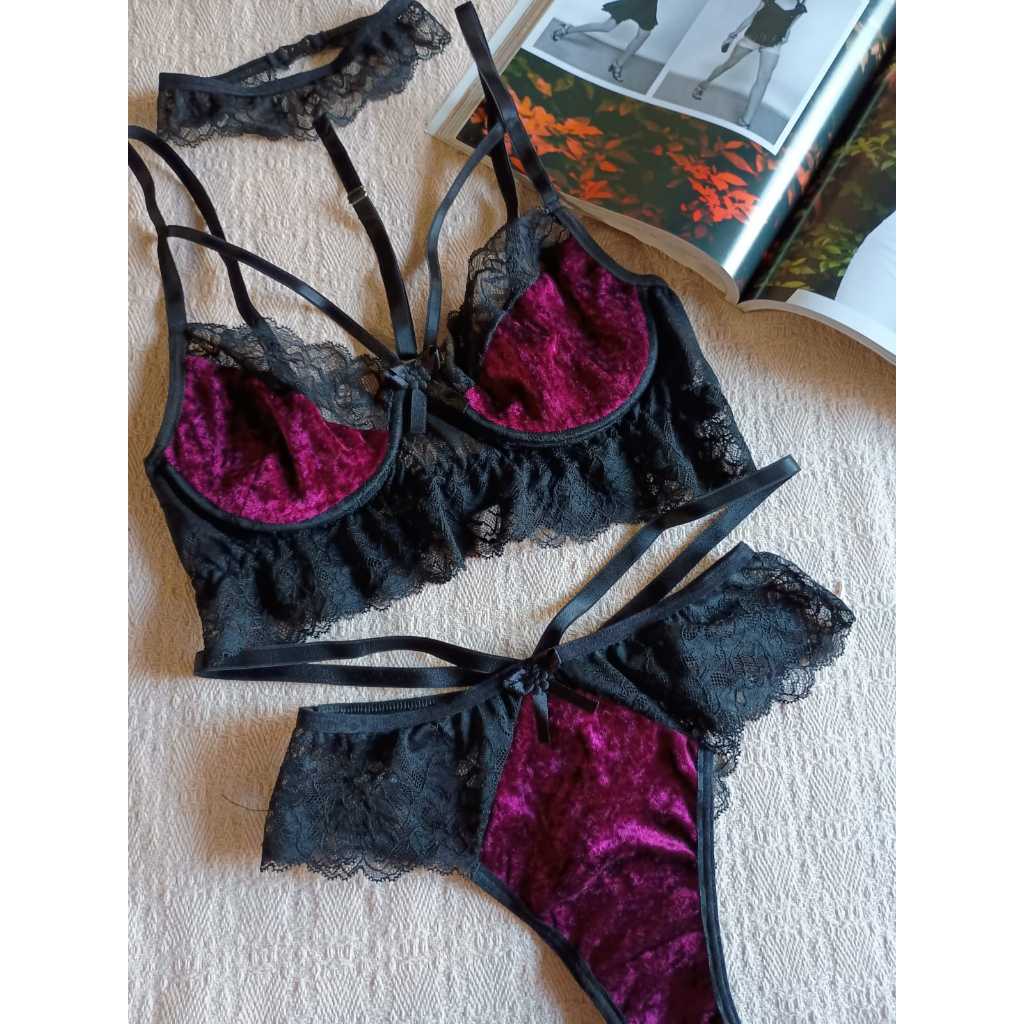 CONJUNTO LINGERIE VELUDO E RENDA DO P AO PLUS SIZE