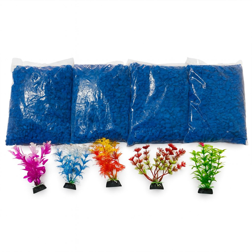 Decoração para aquário  com 4 pacotes de pedra azul 980g + 5 Plantas Artificiais 10cm enfeite peixes