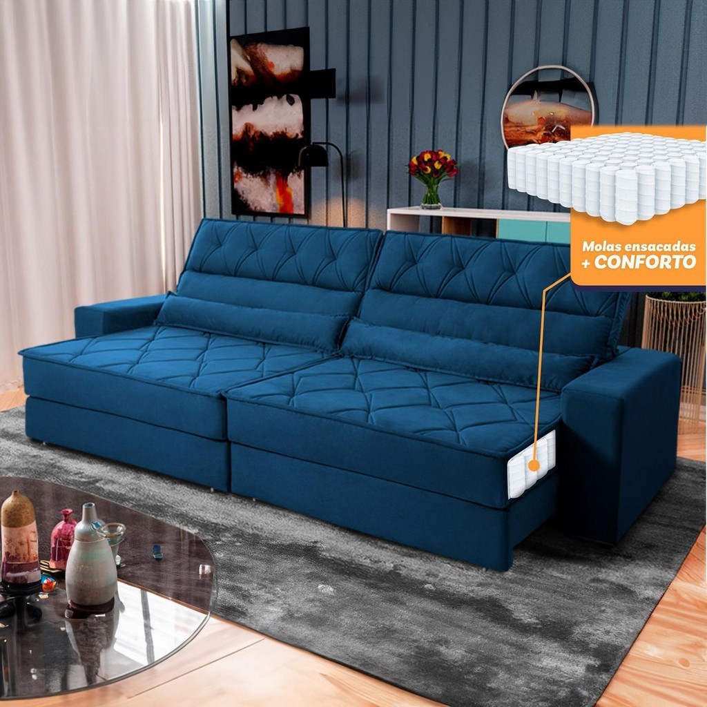 Sofá Retrátil Reclinável 3,00m Albany Suede Velut Azul Marinho Molas Ensacadas - King House