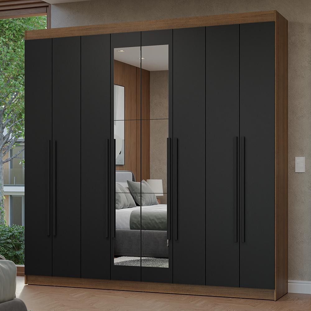 Guarda-Roupa Casal 8 Portas Batentes com Espelho Rustic/Preto/Preto Netuno Madesa
