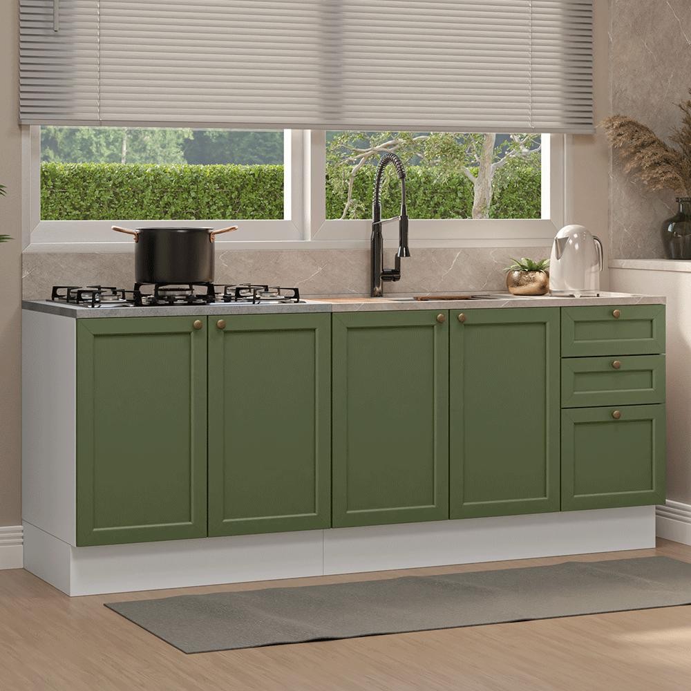 Kit com 2 Balcões de Cozinha 3 Gavetas 4 Portas (Sem Tampo e Pia) Branco/Verde Vik Madesa 01