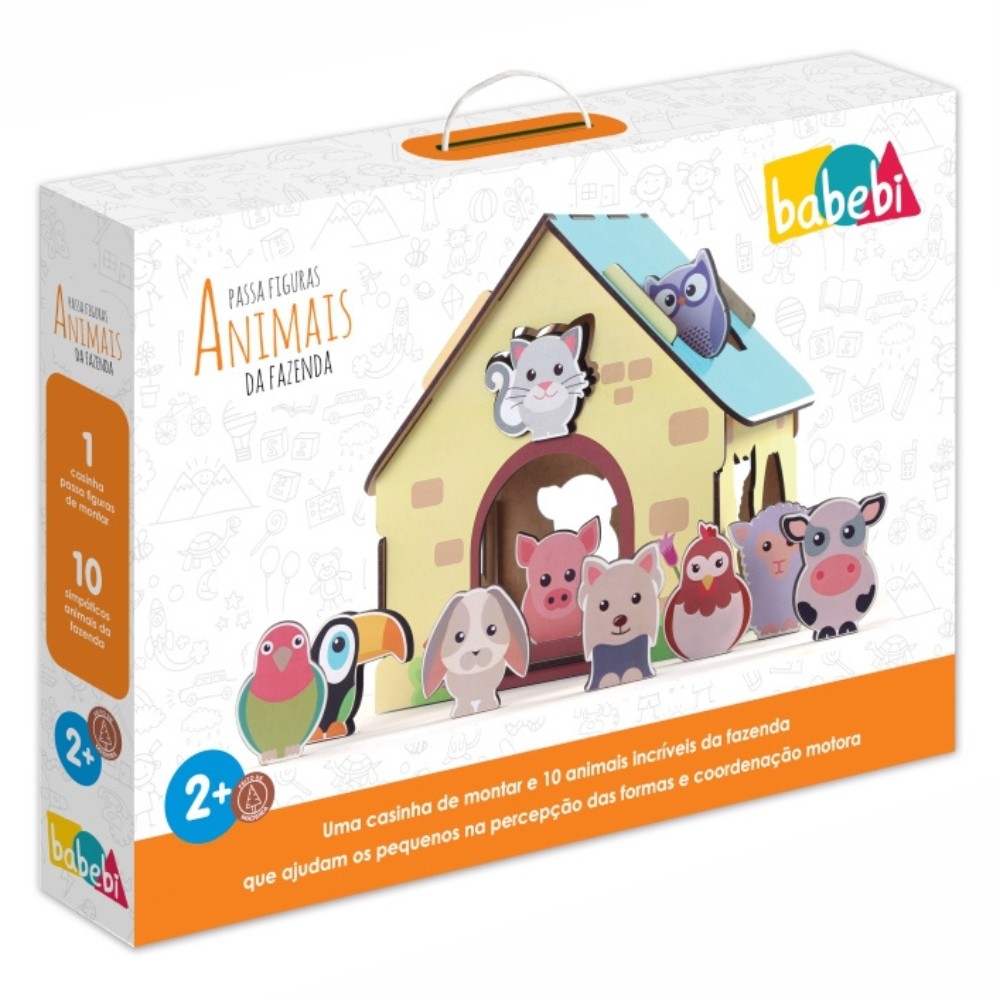 JOGO PASSA FIGURAS ANIMAIS DA FAZENDA MADEIRA BABEBI BRINQUEDO MDF EDUCATIVO INFANTIL ANIMAL CASINHA