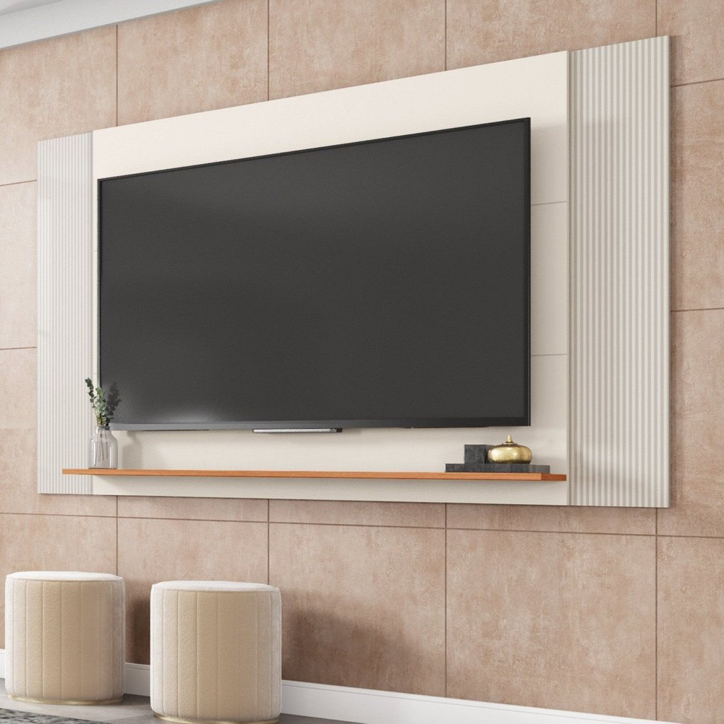 Painel Ripado Extensível para TV até 55 Polegadas 180cmx108cm Mondrian Marrom Off White/Freijó Off White/Freijó