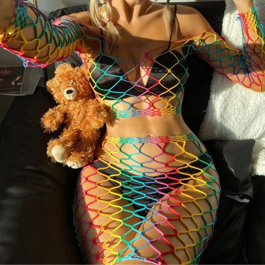 saída de praia camisola vestido arrastão multicolor bodystocking  multicolorida Vestido colorido para carnaval CAMILA