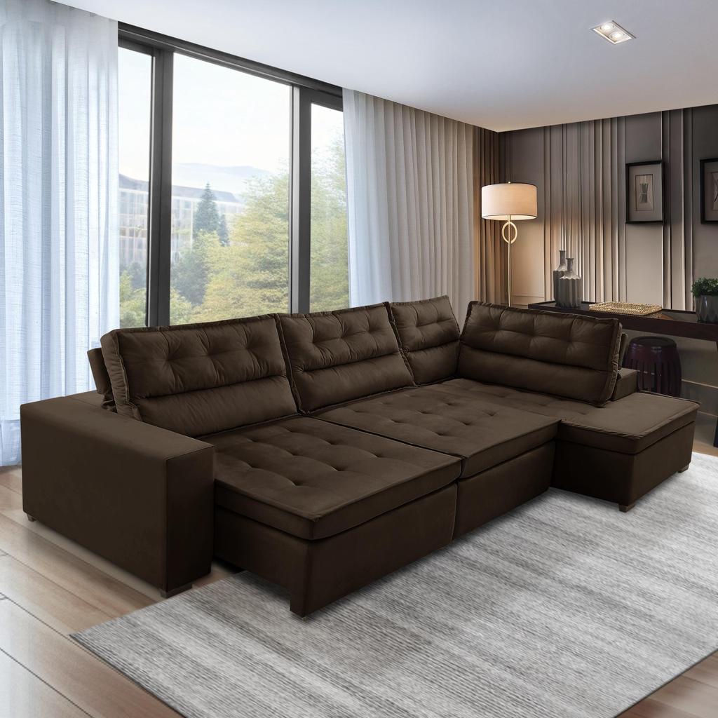 Sofá de Canto Retrátil e Reclinável com Molas 3,00x2,00 Virginia Suede Adonai Estofados