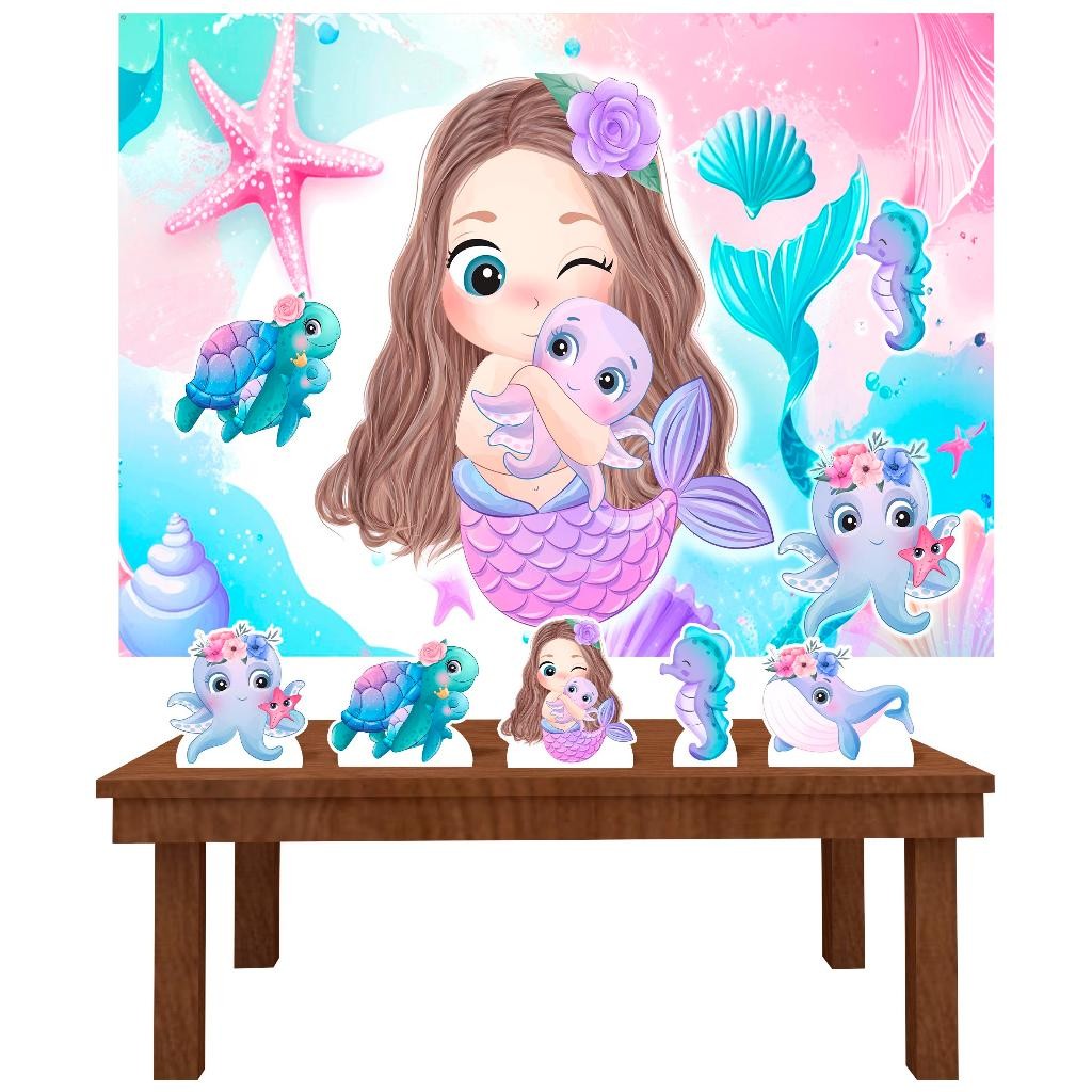 Festa Aniversário Sereia Aquarela 2 Decoração Cenários Kit Prata
