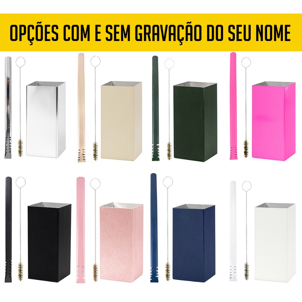 Kit Terere Inox Copo Cuia Quadrado Bomba Tereré Inox Filete Diversas Cores com Escova de Limpeza