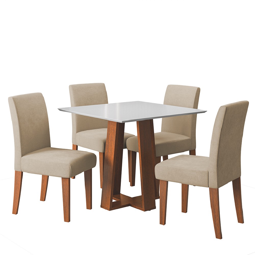 Conjunto Sala de Jantar Mesa Athenas Quadrada 0,90m 4 Cadeiras Trieste Madeirado/Bege Dobuê