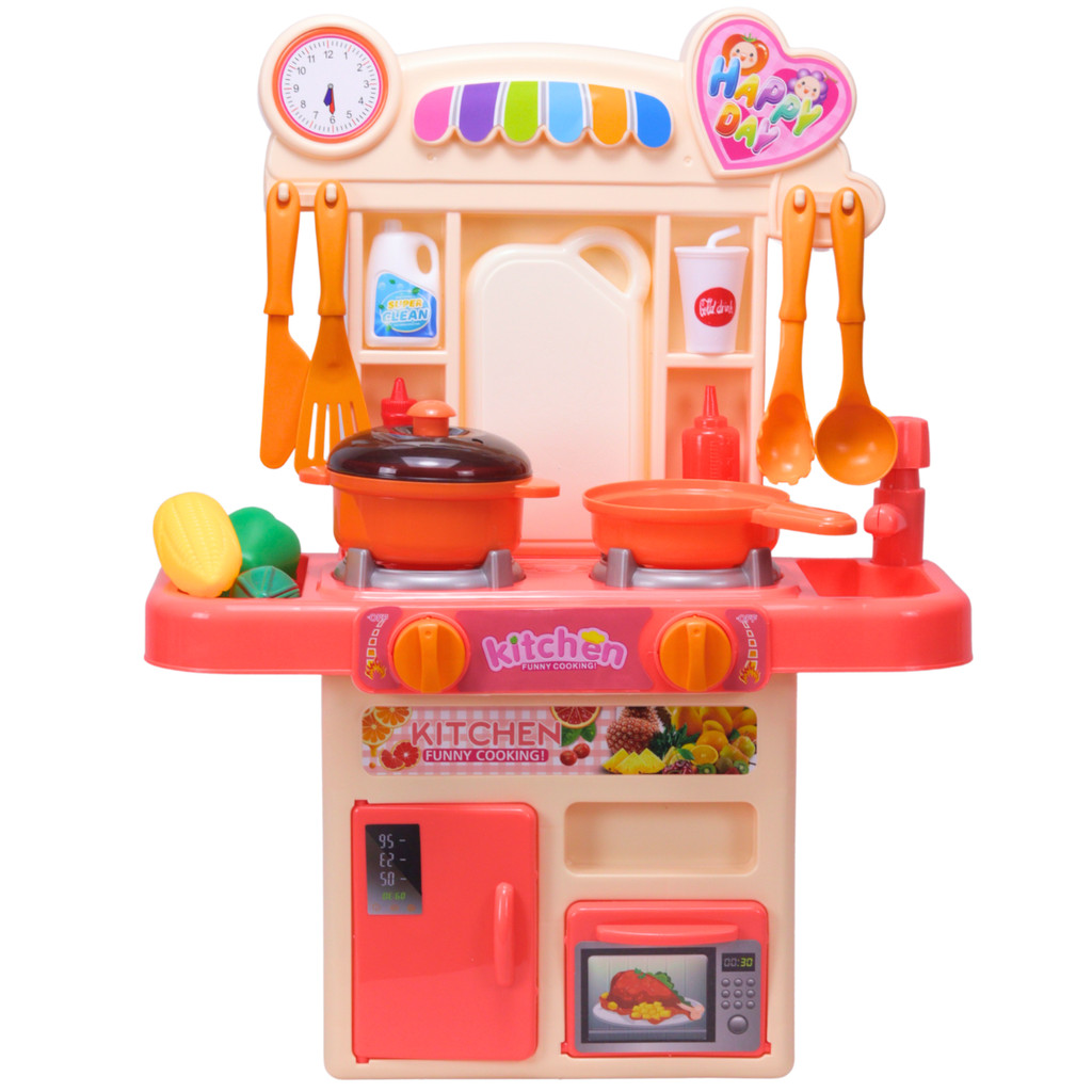 Kit Mini Cozinha Com Fogão Solta Água Tem Luz e Som Rosa Com 16 Acessórios - Castela