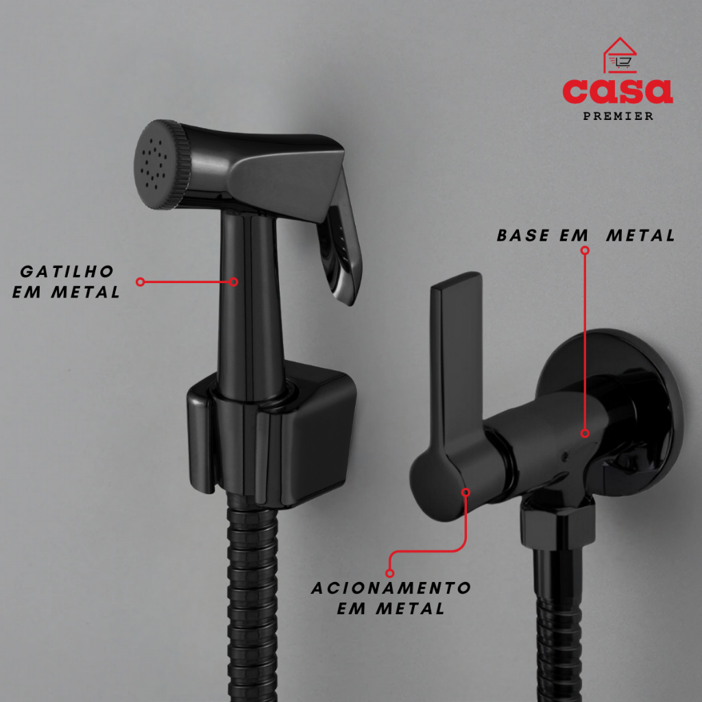 Ducha Higiênica Preta Completa Banheiro Gatilho Metal 1/4 V Engate Flexível 1,20m