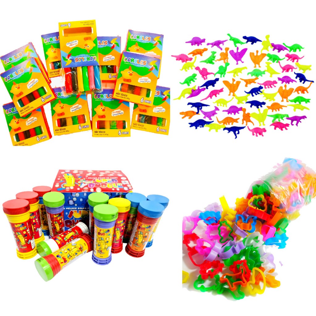 Kit 25 Cx Massinha de Modelar + 25 Bolha de Sabão + 50 Moldes + 25 Bicho Cresce Na Agua Lembrancinha