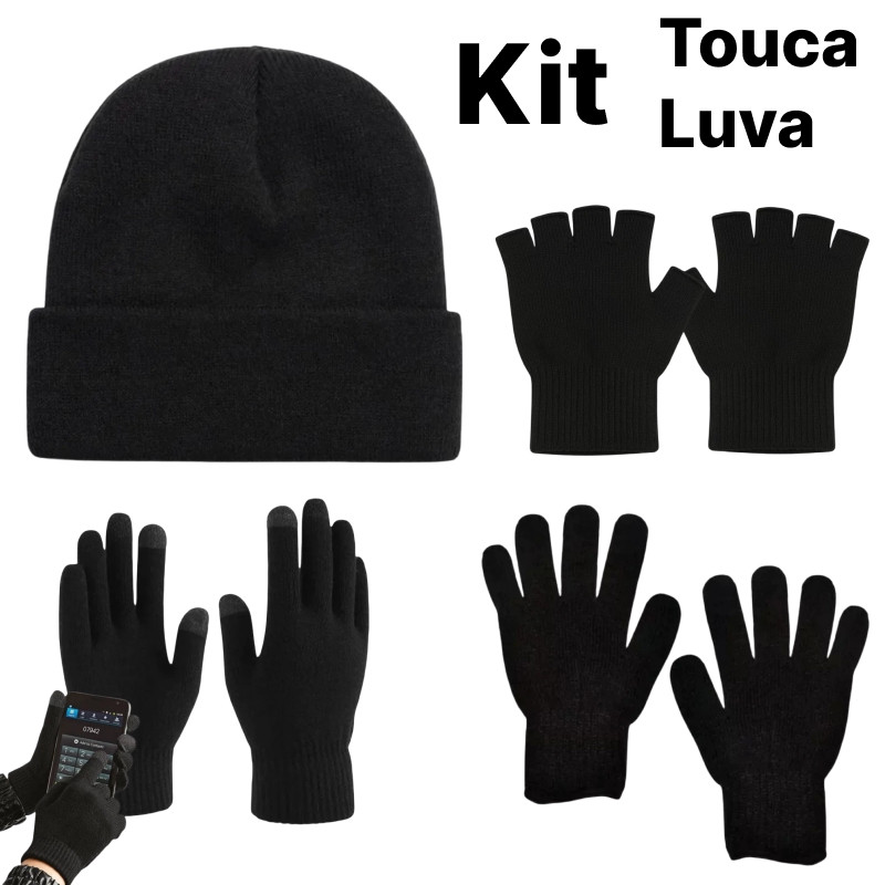 Kit de Inverno Touca Lisa +  Luva Lisa Preta touca screen luva meio dedo de Lã para frio
