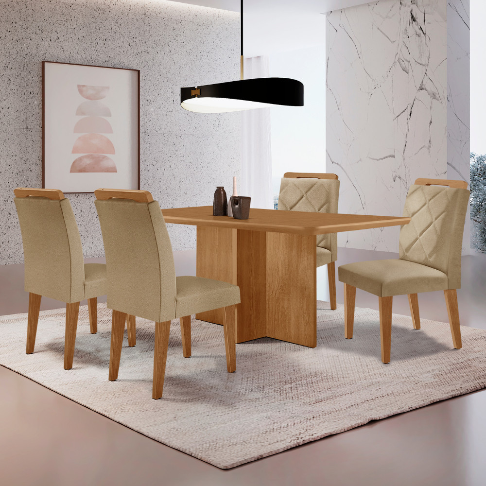 Mesa de Jantar Olímpia 120cm MDF Canto copo e com 4 Cadeiras Melissa