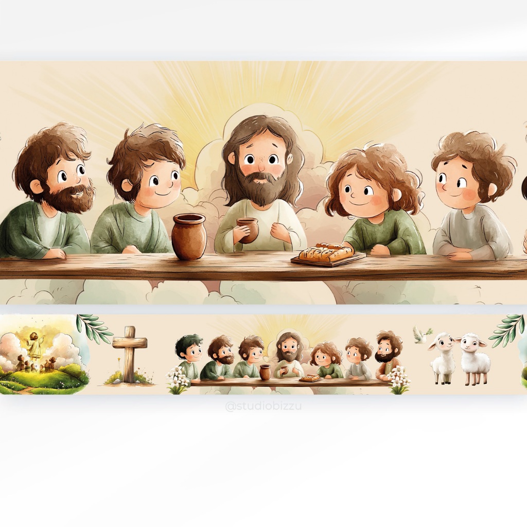 Faixa Decorativa Adesiva Infantil para Quarto de Criança no Tema de Jesus em Aquarela