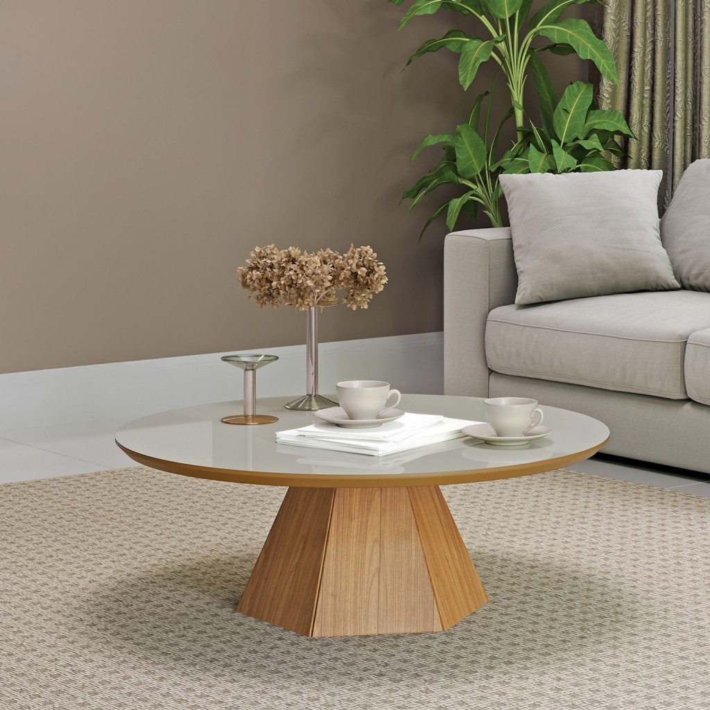 Mesa de Centro 90cm com Base Hexagonal Nature Off White/ Freijó - Dalla Costa