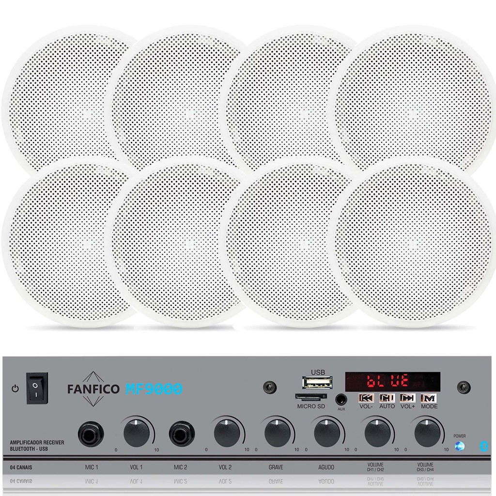 Kit Som Ambiente Receiver + 8 Arandelas Branca Som Casa 55w