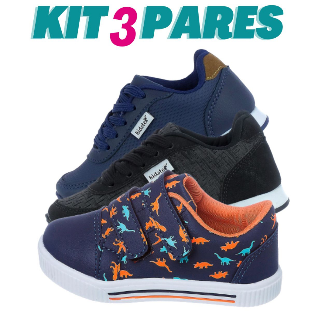 Kit 3 Pares de Tenis Infantil Menino Dinossauro e Jogging Escolar Kidstep