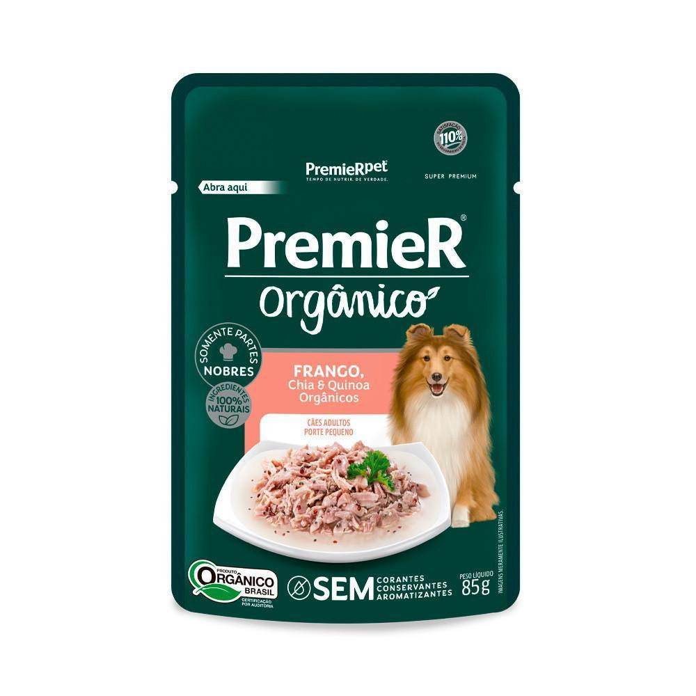 Ração Úmida Orgânico para Cães Adultos de Porte Pequeno Sabor Frango, Chia e Quinoa 85g Premier