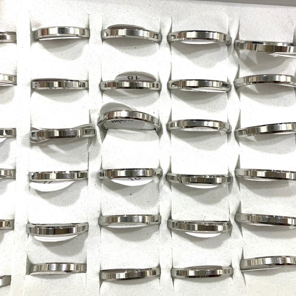Caixa 36 peças Alianças Unissex Chanfrado Liso 3mm Prateado Aço Inox, Atacado
