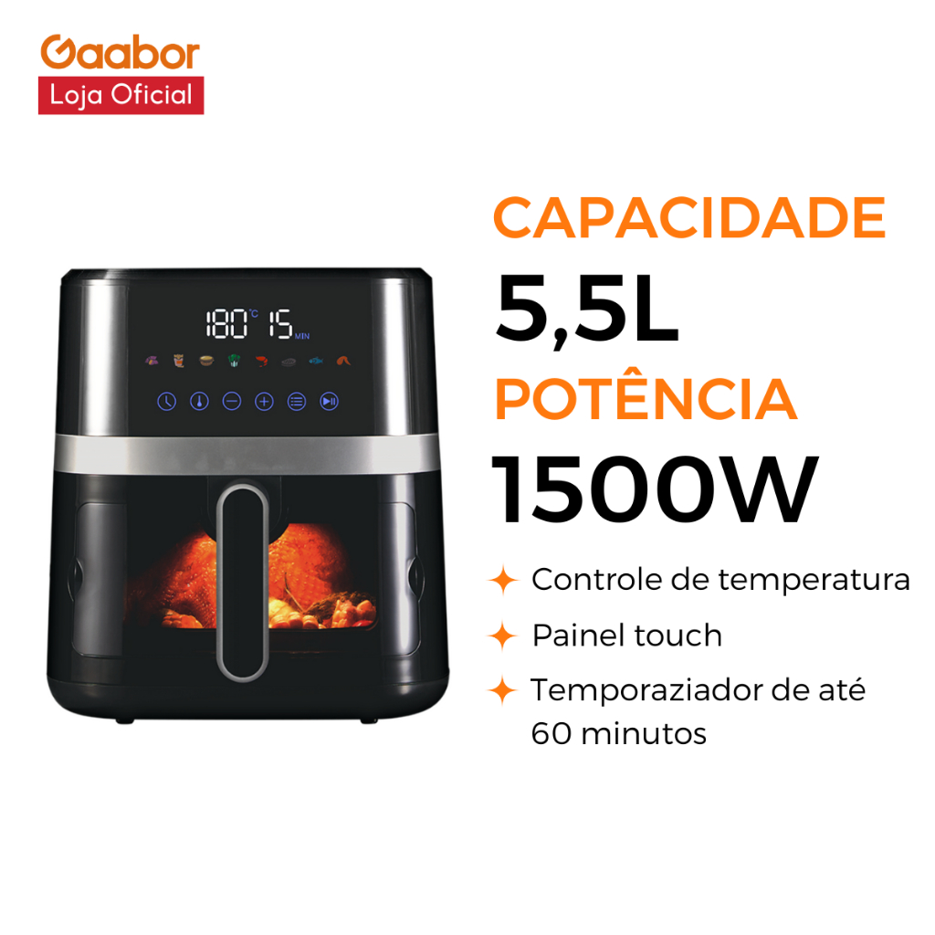 Fritadeira Air Fryer Gaabor Elétrica Digital Touch e Visor Transparente Jumbo 5,5L 1500W