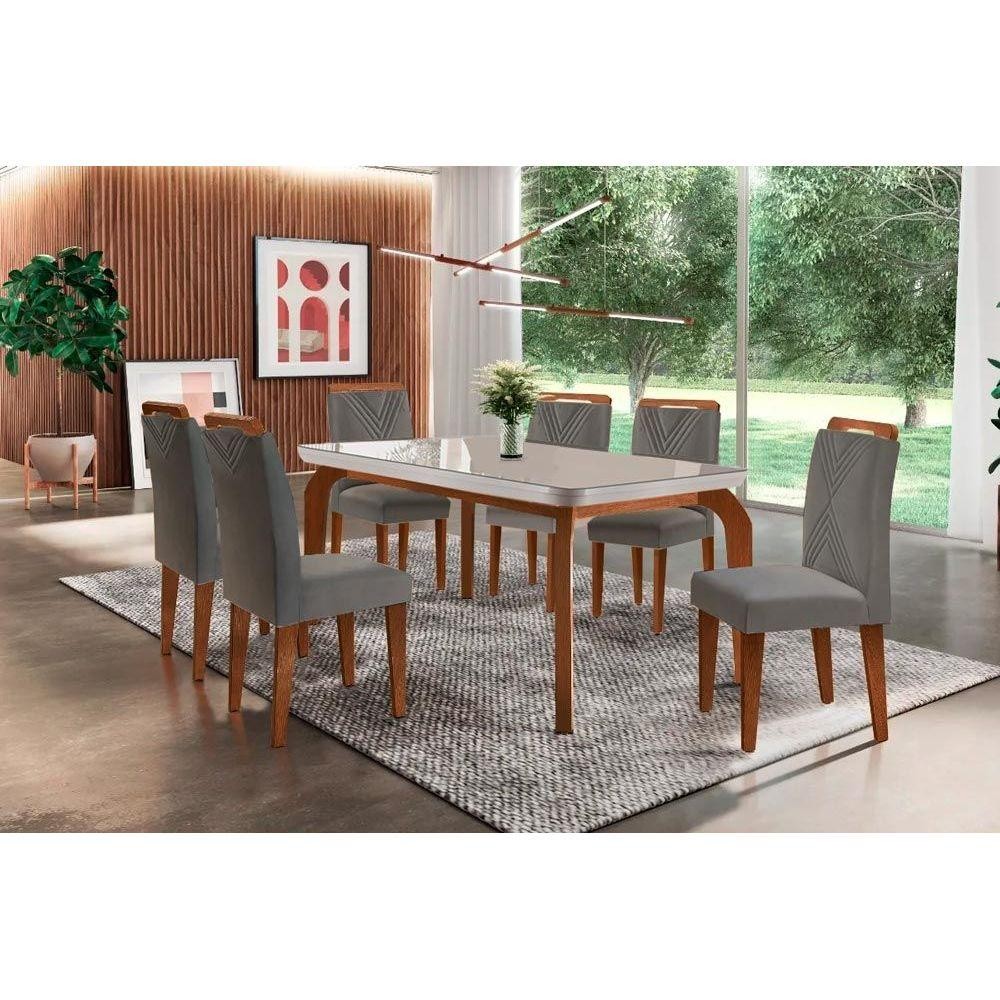 Sala de Jantar Completa Londrina Tampo Madeirado c/ Vidro Curvo 180x90 e 6 Cadeiras Amsterdã Imbuia - Veludo Grafite - Rufato