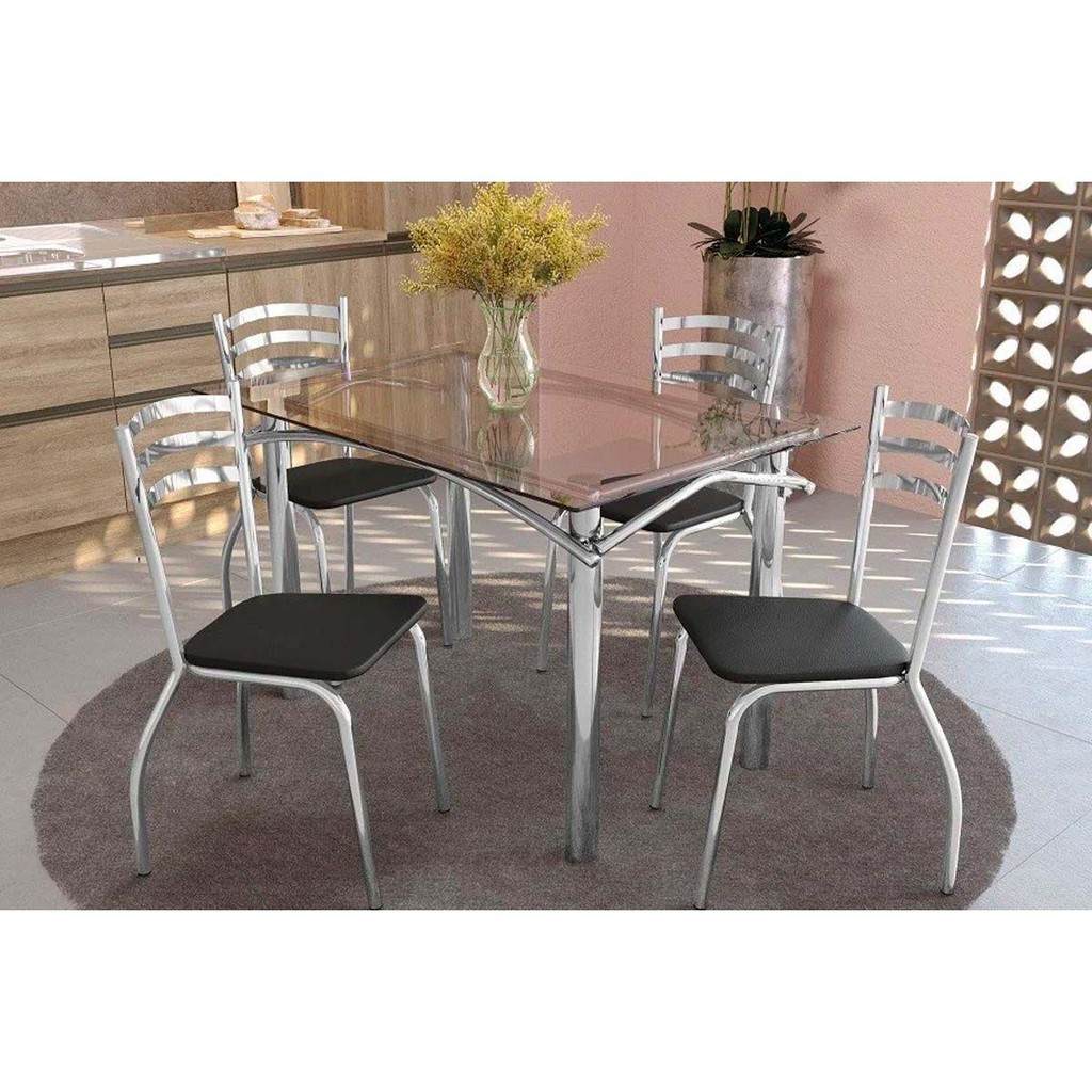 Conjunto: Mesa Sala Jantar Elba c/ Tampo de Vidro 120cm + 4 Cadeiras Portugal Cromado/Courano Preto - Kappesberg