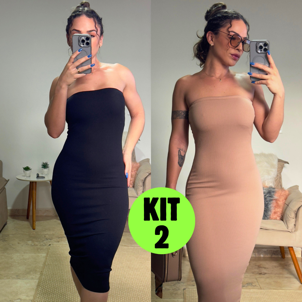 Kit 2 Vestido Midi Tomara Que Caia Canelado Elegância  Ousadia Tubinho Anarruga Sensual Modelador