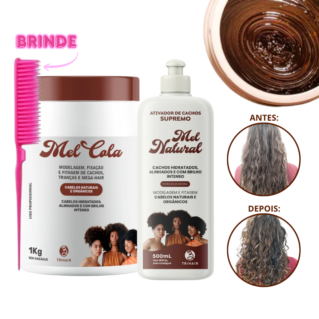 Mel Cola Modelador Trihair 1kg + Ativador de Cachos Mel Natural 500ml + BRINDE (Pente 3 fileiras)