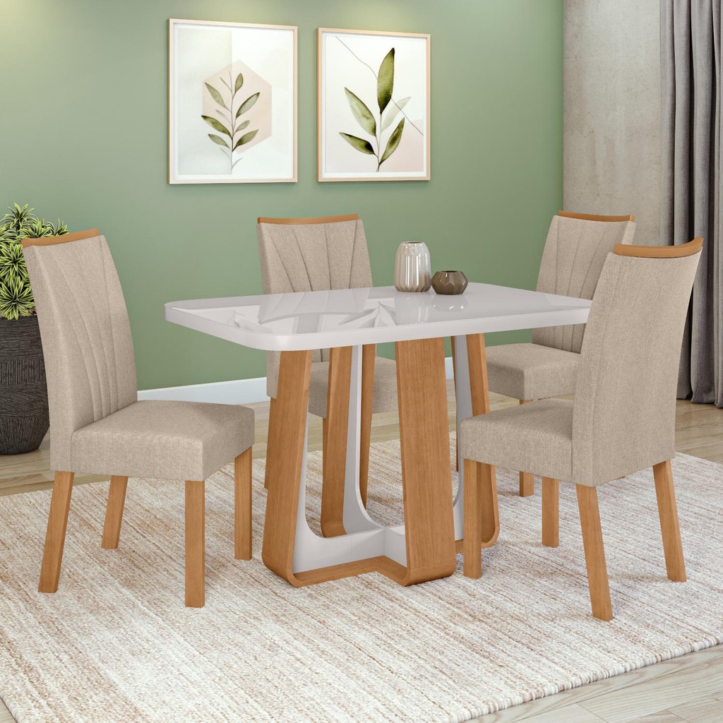 Conjunto Sala de Jantar Mesa Easy Pop 120x80cm Tampo MDF 40mm com 4 Cadeiras Confort Linho Rinzai Bege Amêndoa/Off White