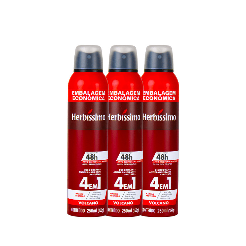 Kit Desodorante Antitranspirante Aerossol Herbíssimo Volcano 250ml Embalagem Econômica (3 unidades)