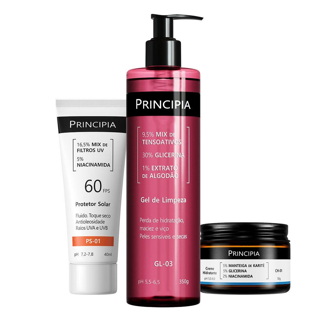 Principia Kit Rotina Diária Pele Sensível c/ Gel de Limpeza GL-03 + Creme Hidratante CH-01 + Protetor Solar PS-01 FPS 60