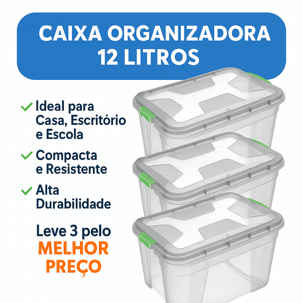 kit 3 Caixas Transparente Organizadoras 12L Cesto Com Travas Brinquedos Ferramentas Roupas Alimentos