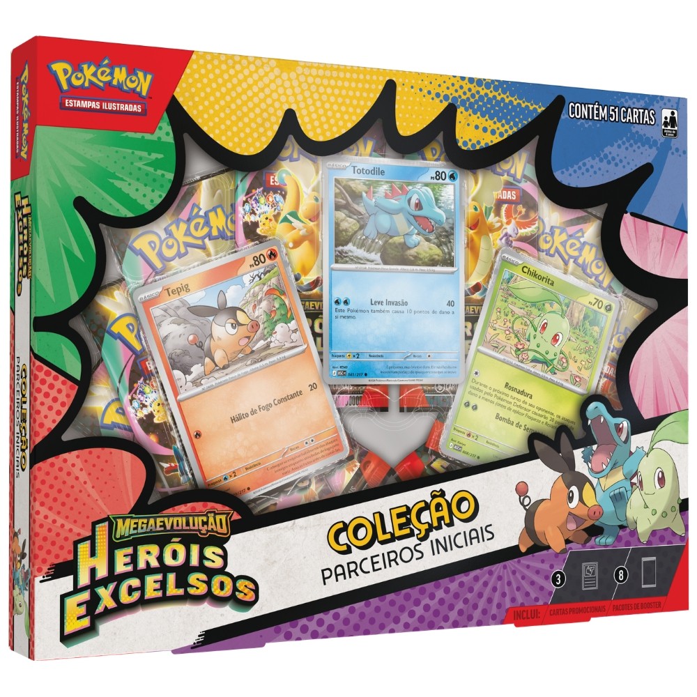 BOX POKÉMON COLEÇÃO PARCEIROS INICIAIS COPAG MEGA ME2.5 TCG CARTAS BOOSTERS HERÓIS EXCELSOS JOHTO