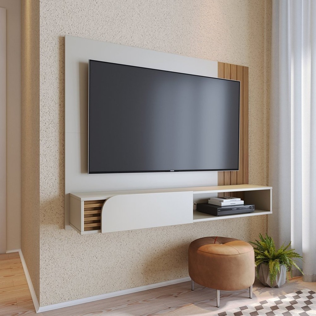 Painel Ripado Suspenso para TV até 55 Polegadas 136cmx108cm 1 Porta Jurerê Branco Off White Matte/Freijó Off White